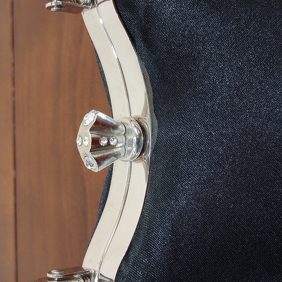 Black Poi De Soie Black Satin with Silver Trim Structured Evening Bag - Picture 4 of 12